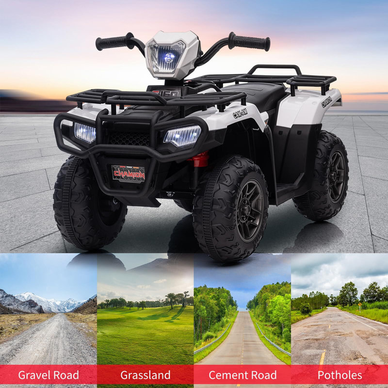 White 12V Kids Quad ATV with LED Lights and Music