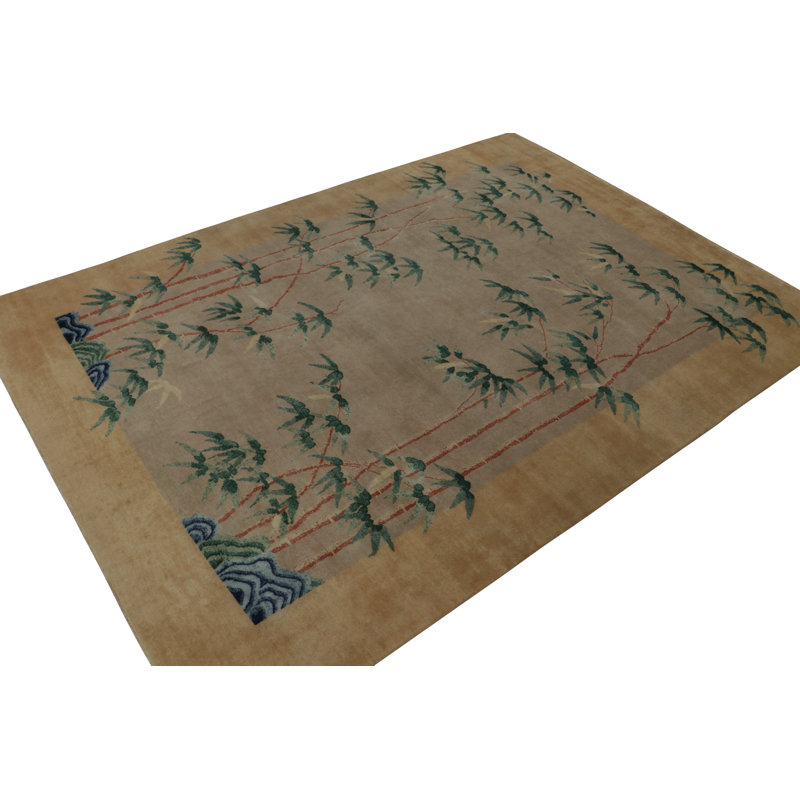 Rug & Kilim’S Chinese Style Art Deco Rug In Beige With Green And Blue Florals, Rectangle 13' x 19'
