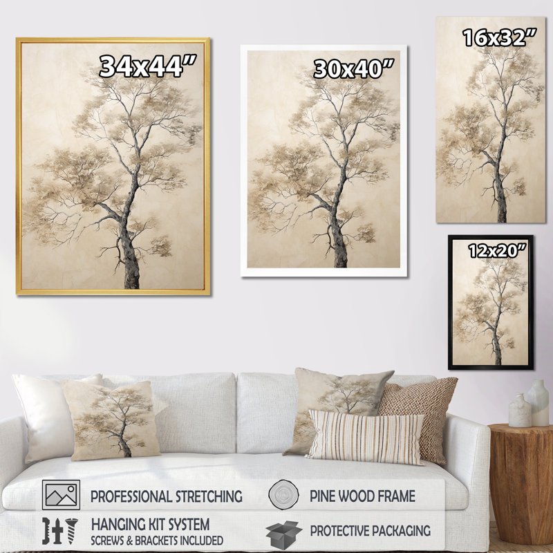 Minimalisme, érable beige sur fond mélodique, impression sur toile, H 32 po x l 16 po x P 1 po, Cadre photo blanc