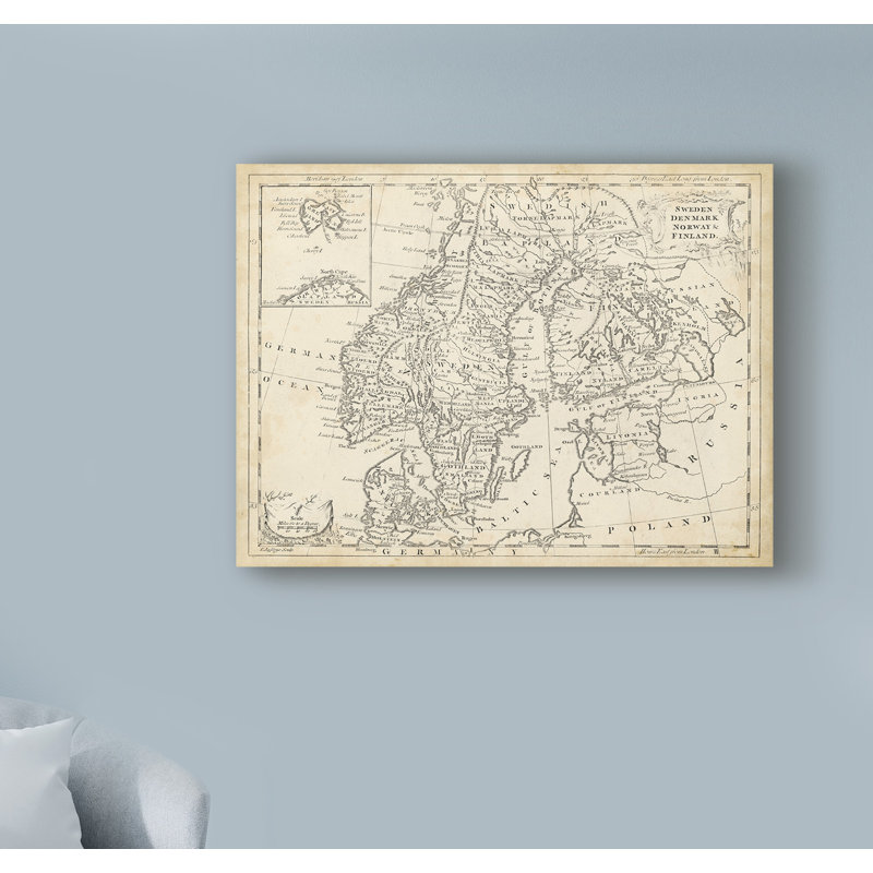 «Carte de la Suède et du Danemark», reproduction d'impression sur toile tendue, H 14 po x l 19 po x P 2 po