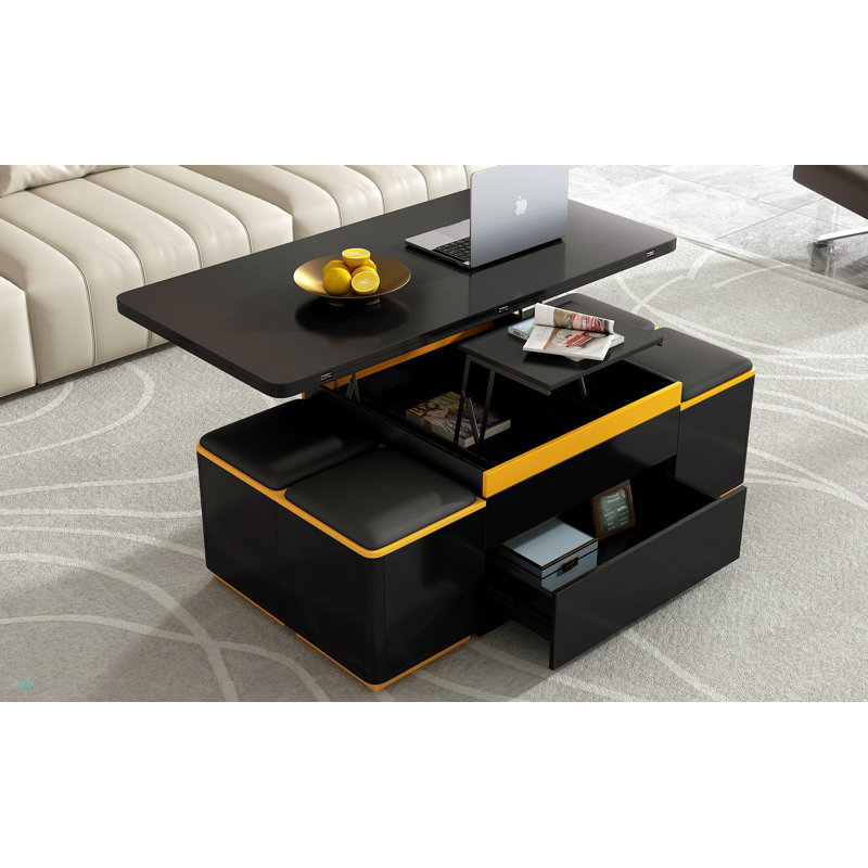 Table basse à plateau relevable avec 4 tabourets de rangement, table basse moderne avec plateau pliable, table basse réglable multifonctionnelle pour le salon