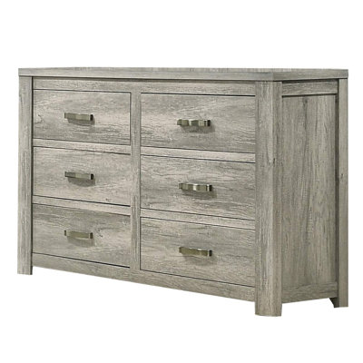 Kalonda 59 Inch 6 Drawer Dresser, Silver Metal Bar Handles, Wood Grain Gray by Foundry Select