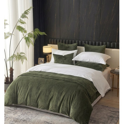 Ensemble de couette en velours de luxe 9 pièces - Vert olive foncé, format Queen