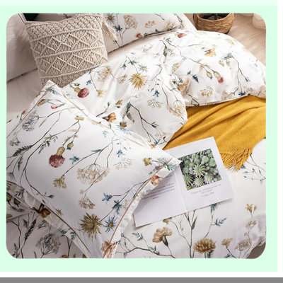 Blue Blush Floral Cotton Comforter Set - Queen Size 600 Thread Count Down Alternative Bedding - White Printed Flowers - 3 Piece Set