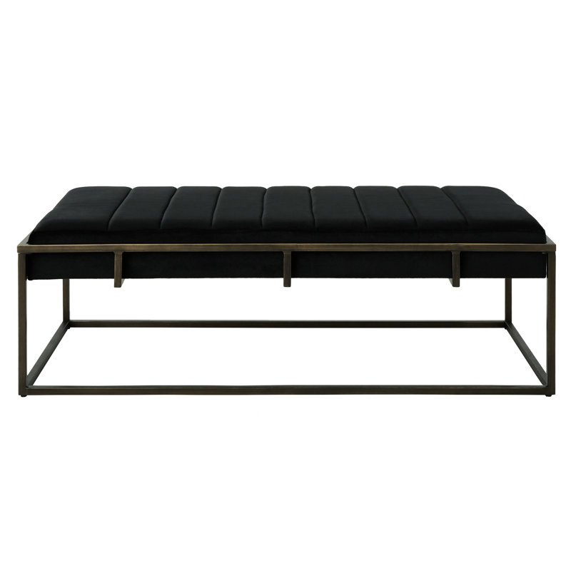 Black Upholstered Velvet Bench With Brass Finish - Modern Style, Metal Frame, 16 In Height, 25 Width Soft Fabric, 49 Depth, Width, Height