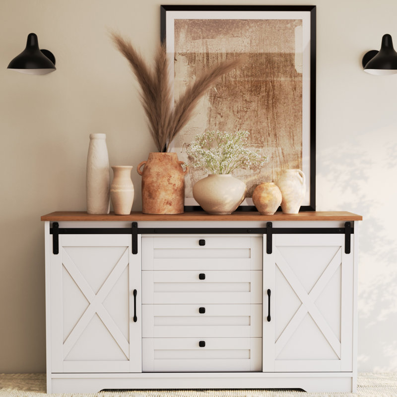 Ertekin 55.11‘’ Wide Rustic Sideboard with 2 Sliding Barn Doors and 4 Drawers, Tv Stand Cabinet, White/Walnut