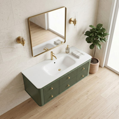 48" Wall-Mounted Floating Bathroom Vanity With Integrated Acrylic Sink, 5 Soft-Close Dovetail Drawers & Dual Handle Options In Antique Green