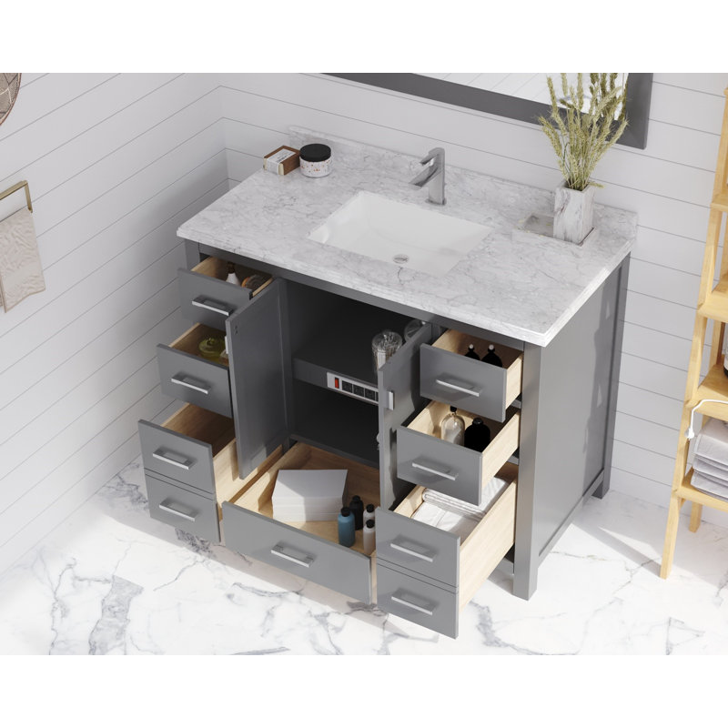 Mariário 42'' Single Bathroom Vanity with Marble Top, Gray, Matte White
