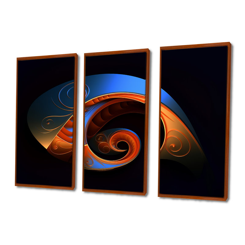 Délicat spirale subtile bleu orange - ensemble d'art mural géométrique, Cadre flottant brun, H 40 po x l 60 po x P 1 po