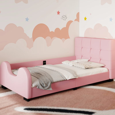 Lit plateforme tapissier simple confortable avec garde-corps en rose - tête de lit à lattes remplie de mousse 10 pièces, sommeil relaxant