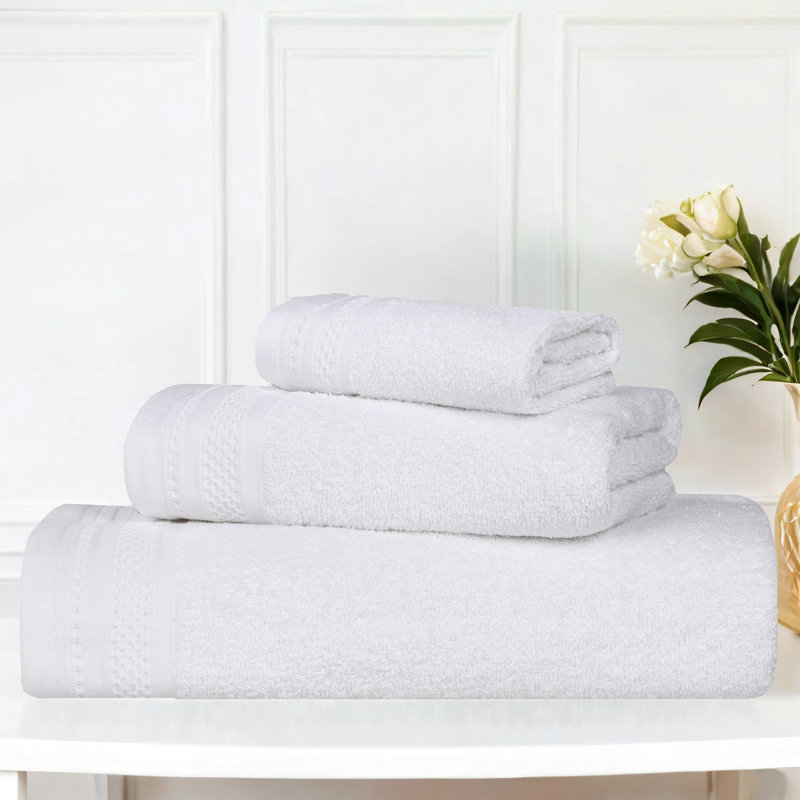 Honeycomb Textured Waffle Border Cotton Medium Weight 3 Piece Towel Set, White