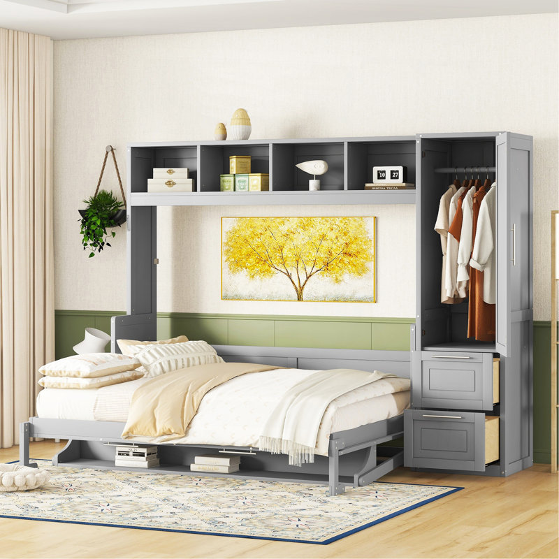 Grand lit escamotable mural avec placard et tiroirs, gris, Gris, Grand lit