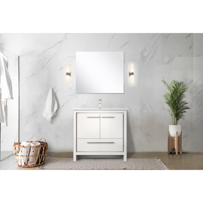 Meuble-lavabo blanc avec comptoir en quartz, robinet en nickel brossé et miroir de 28 po - H 36,45 po