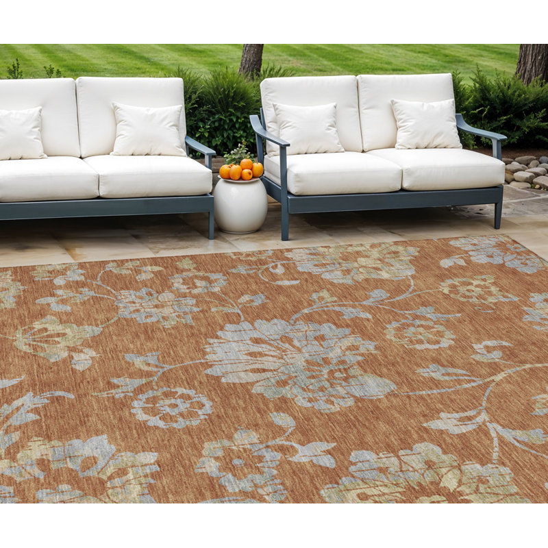 Tapis extérieur lavable floral orange cuivré et gris 10 pi x 14 pi