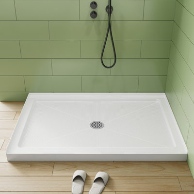 Base de douche blanche l 48 po x P 32 po avec ensemble de drain et couvercle de drain inclus, bac de douche antidérapant