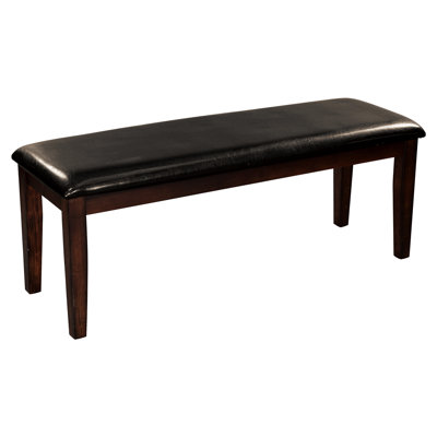 Cherry Finish Wood Bench With Fabric Upholstered Seat For Dining Space Finished Faux Leather Sitting Area