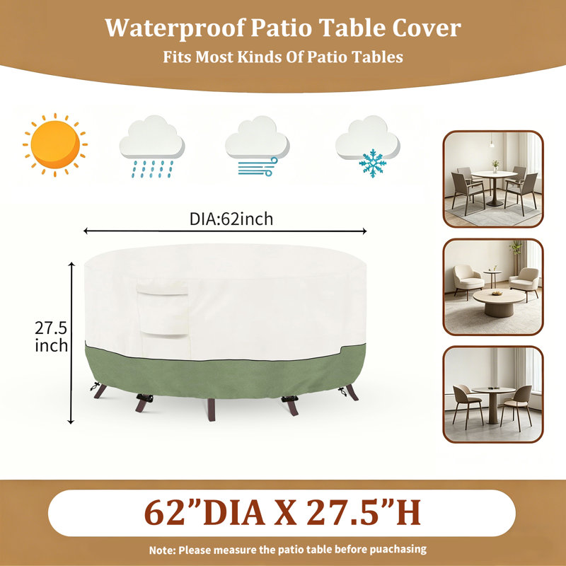 Ensemble de housse de table d'extérieur robuste et imperméable pour mobilier rond, H 27,5 po x l 62 po x P 62 po