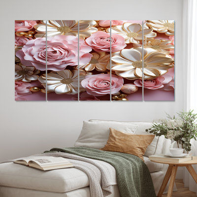 Tender and Light Pink Flower Art - Formes abstraites, art mural salon - 5 panneaux égaux