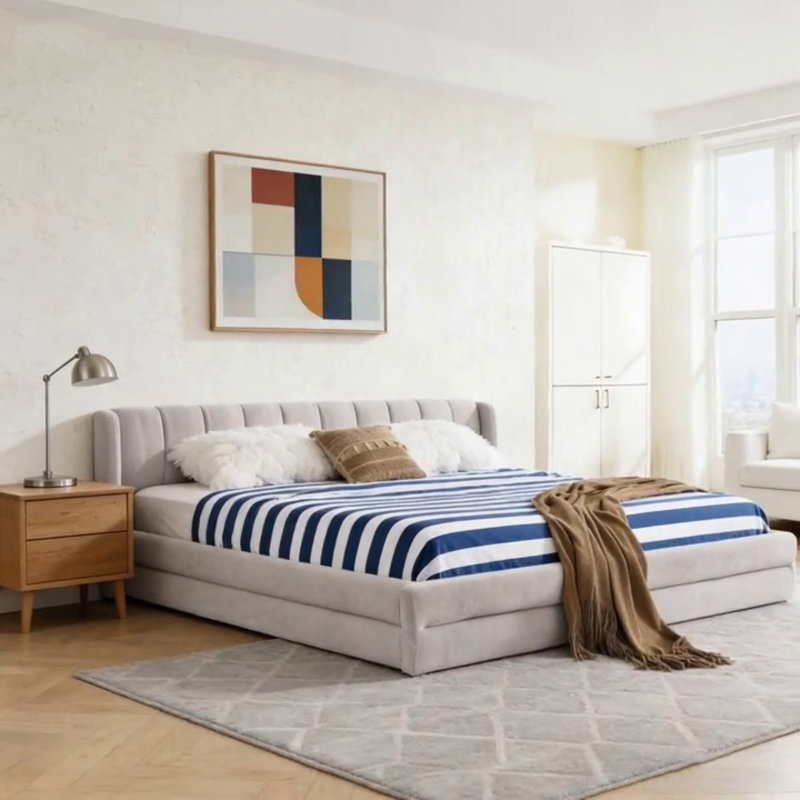 Structure de lit rembourrée en tissu chenille épais, tête de lit confortable et fabrication solide pour les chambres modernes