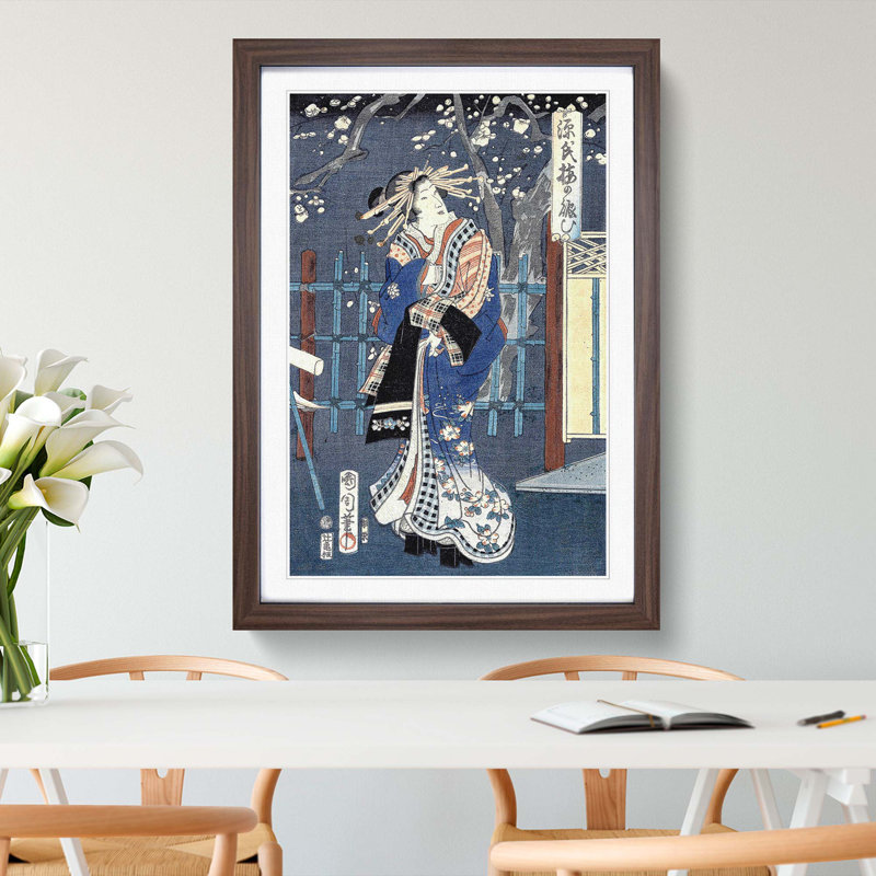 Courtesan with Plum Blossoms by Toyohara Kunichika - Picture Frame Painting Print, 48cm H x 36cm W x 2cm D, Walnut Framed