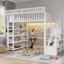 Lit mezzanine double avec support de rangement à 4 tablettes et station de charge, lit mezzanine double en métal avec rangement pour escaliers pour enfants adolescents, produits brevetés, blanc