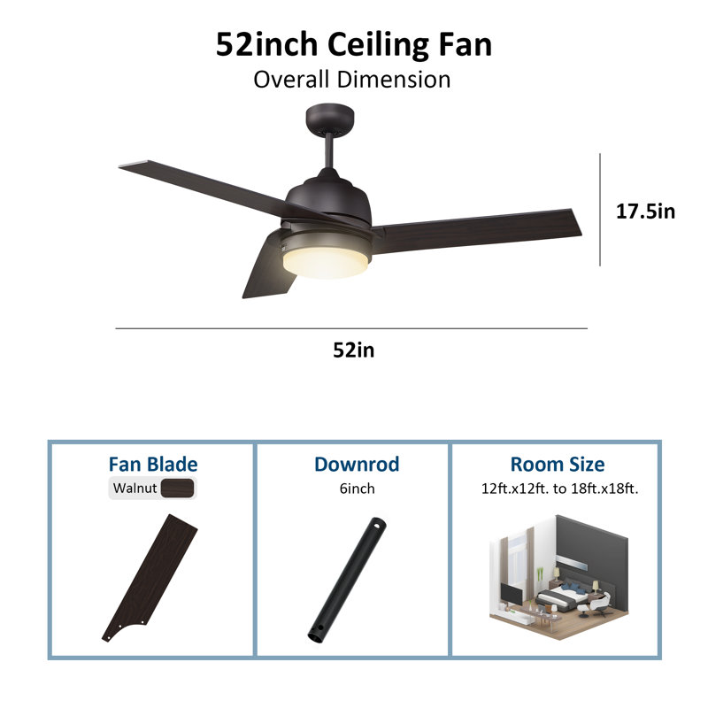 Ventilateur de plafond standard à DEL à 3 pales de 52 po avec commande murale et ensemble d'éclairage inclus Gasparas
