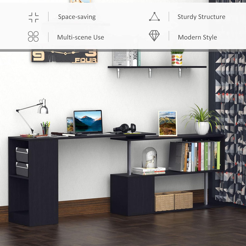 360° Rotating L-Shaped Corner Computer Desk With 3-Tier Storage Shelves, Modern Home Office Workstation, Space-Saving Design