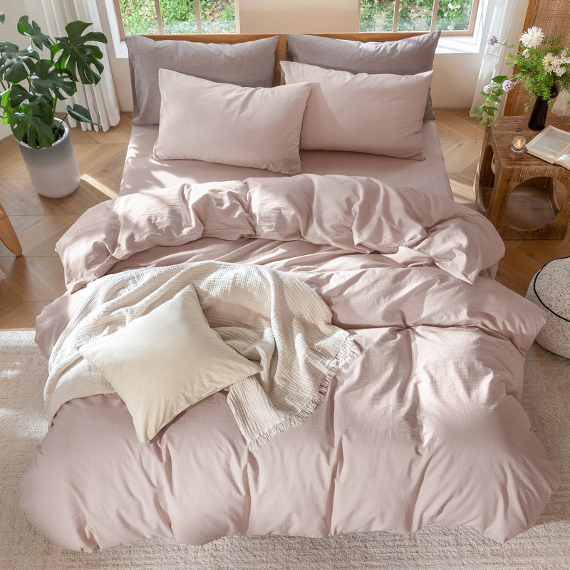 MooMee Lightweight Duvet Cover Set with Zipper Closure 8 Ties 100% Washed Cotton Linen Like Textured Soft Breathable All-Season