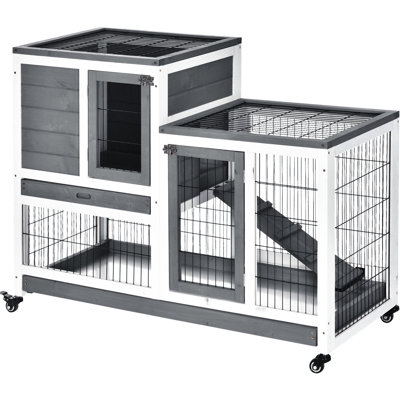 Cage à lapin grise avec roues et zone de saut pratique, bac à déchets amovible en bois