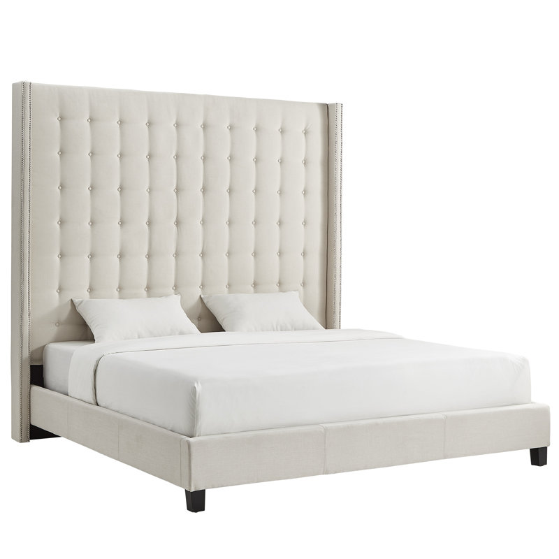 Kaster Upholstered Wingback Bed, Eastern King, White Linen
