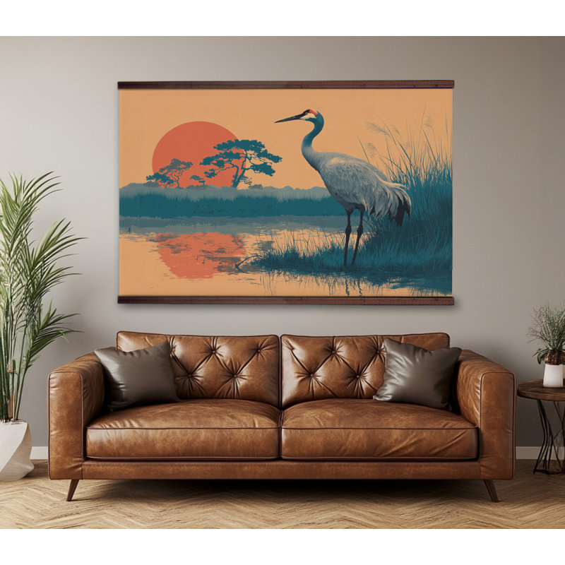 Crépuscule japonais, art mural avec crochets en bois - Scène de nature tranquille, H 32 po x l 48 po