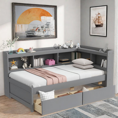 L-shaped Daybed With Bookcases, Charging Station And Two Drawers by Red Barrel Studio