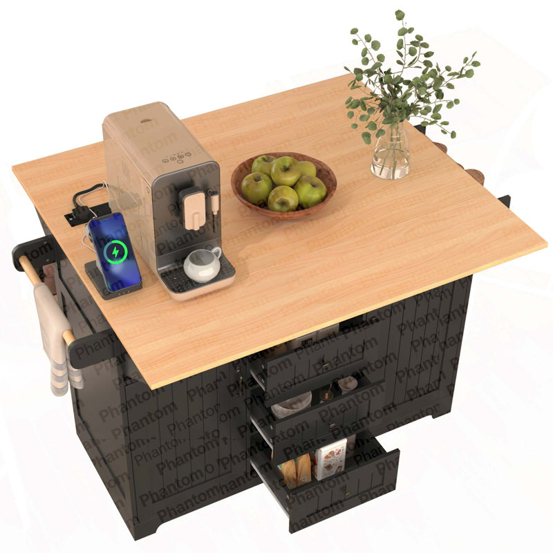 Grand îlot de cuisine 55,7 po avec 2 abattants K&K, chariot de cuisine roulant sur 5 roulettes avec prise de courant, table de salle à manger pliante avec porte-épices et porte-serviettes, 3 tiroirs, pour la cuisine, la salle à manger, noir