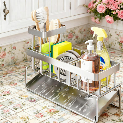 Stainless Steel Kitchen Sink Caddy Organizer With Adjustable Divider, Tilted Drain Pan, High Brush Holder For Sponge Soap Dish Brush