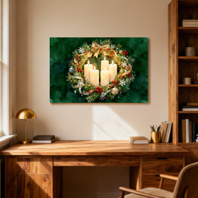 Couronne de Noël avec bougies et décorations, H 12 po x l 18 po