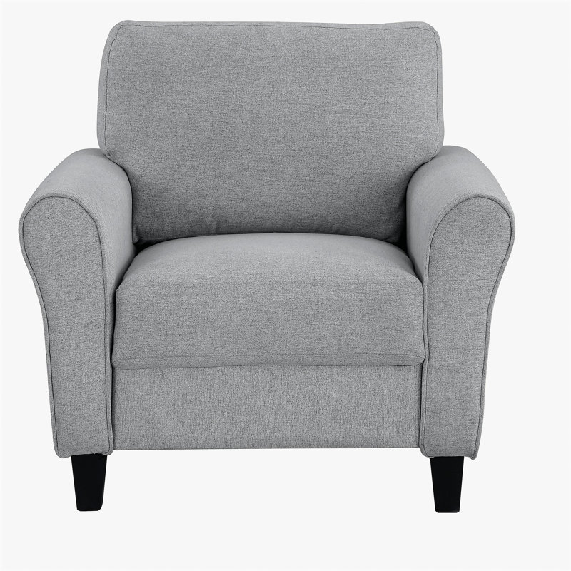 Meuble de salon transitionnel moderne avec tissu texturé gris foncé et rembourré aux accoudoirs arrondis