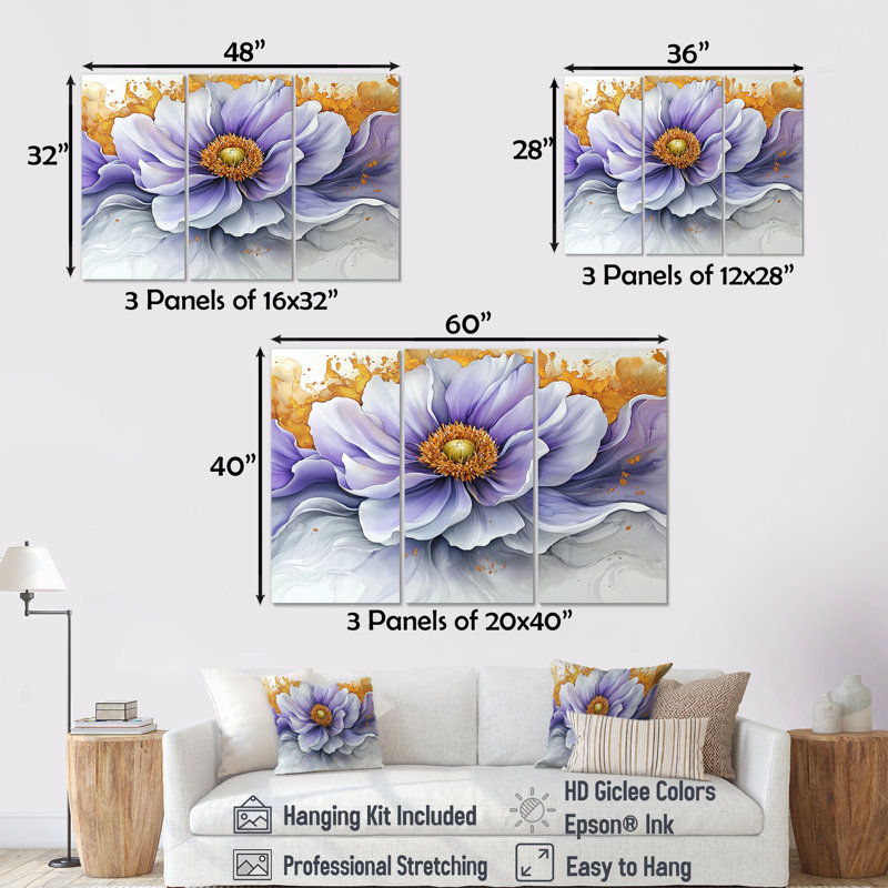 Éclat moderne de Dahlia I - art mural Dahlia - ensemble de 3, H 40 po x l 60 po, Toile tendue, Ne s’applique pas
