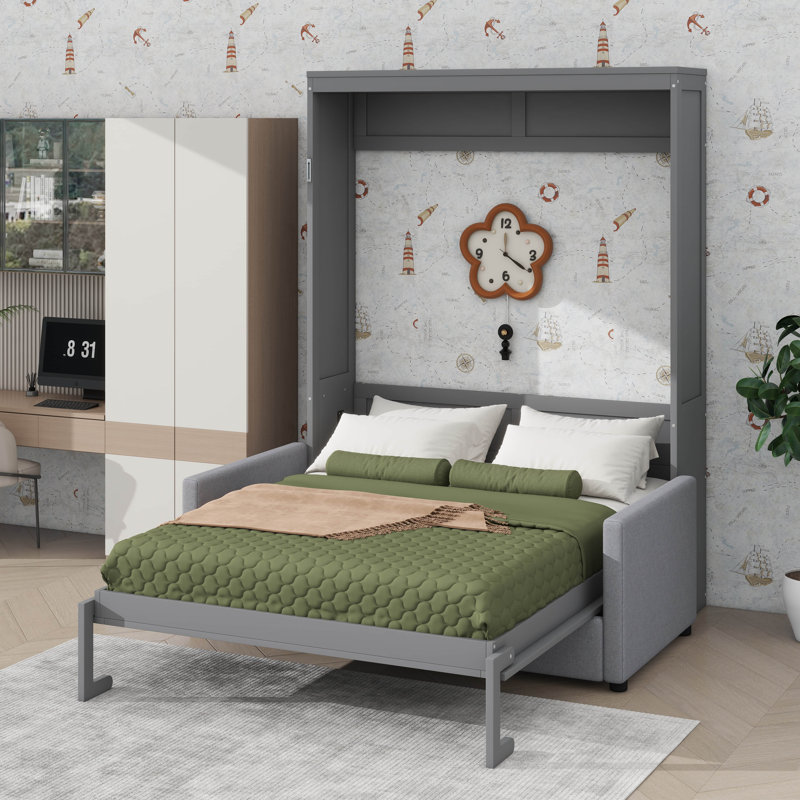 Grand lit escamotable mural avec coussin, Gris