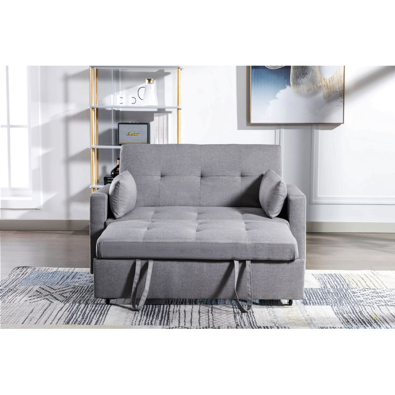 Light Grey Linen Fabric 3-In-1 Convertible Sleeper Loveseat With Side Pocket.