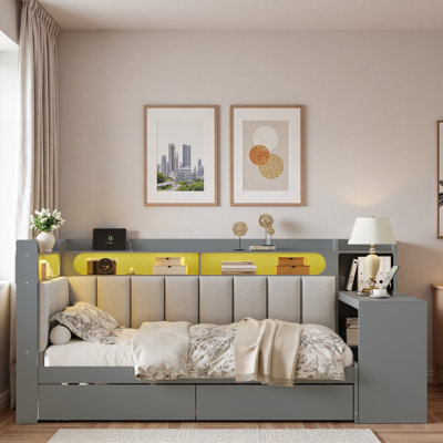 Upholstered Daybed With Storage Shelves, Drawers, Charging Station, Led Light And Desk by Orren Ellis