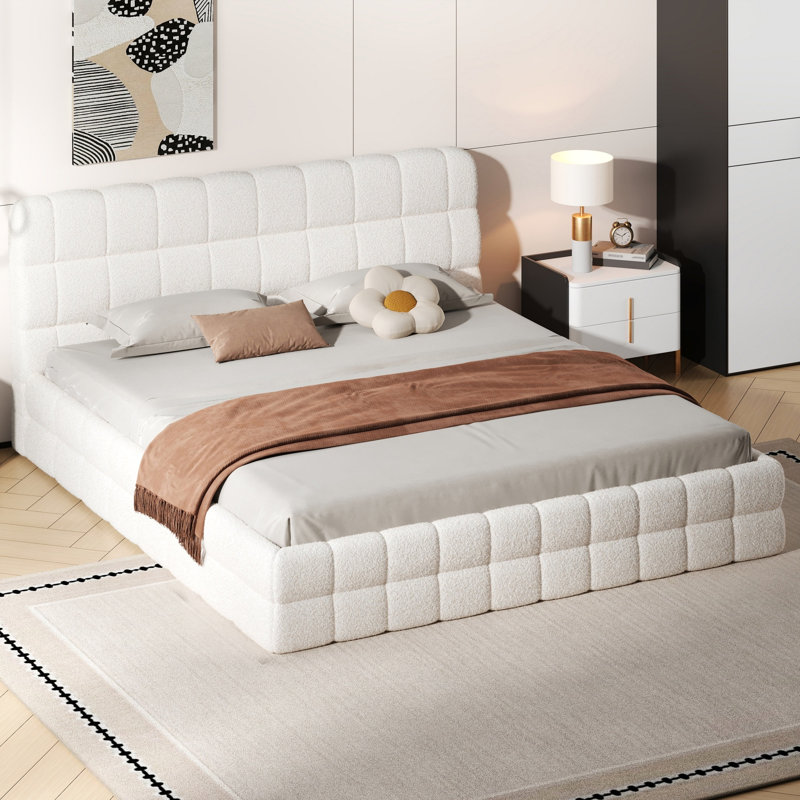 Très grand lit plateforme tapissier, blanc, Blanc