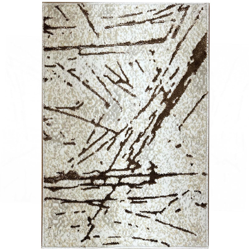 Tapis de luxe Shifra beige et gris avec motif abstrait bronze, Rectangle 7 pi 11 po x 11 pi 2 po