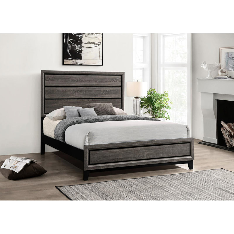 Grand lit rustique en chêne gris rustique, avec une structure et un panneau accueillant pour la chambre à coucher, combinant robustesse et confort pour un sommeil profond