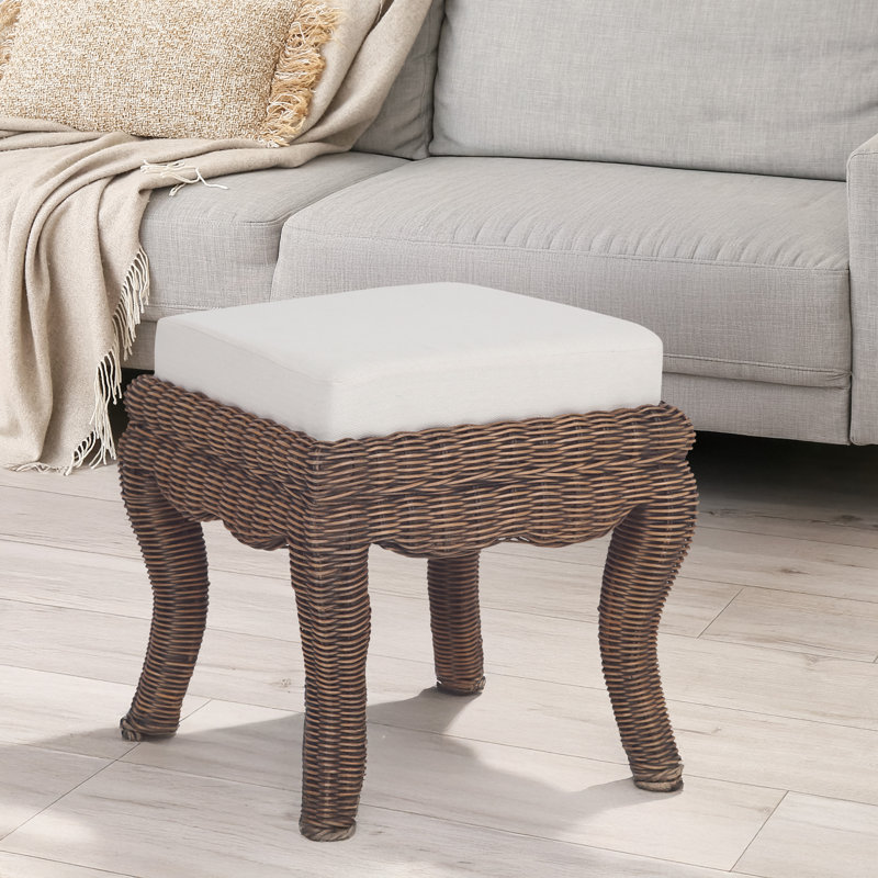 Tabouret de coiffeuse en rotin tissé 18,5 po Rowan avec coussin rembourré blanc et fauteuil de maquillage en bois de manguier noir