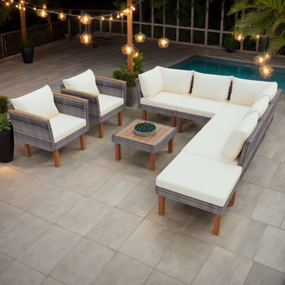 Ensemble de conversation 9 pièces avec canapé en rotin et coussin lavable