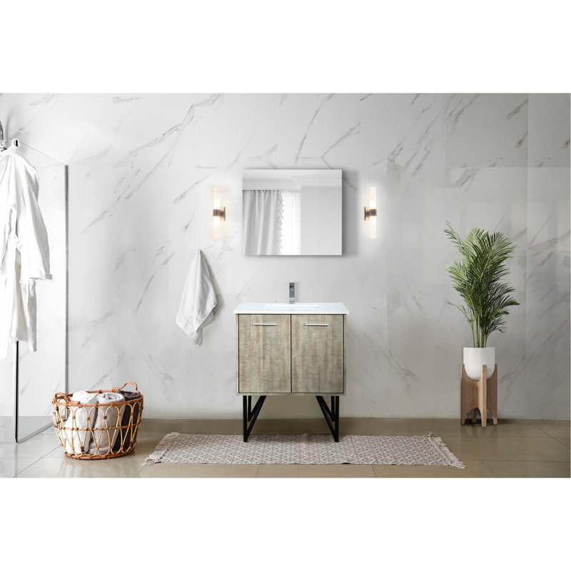Rustique, 30 po Meuble-lavabo large pour la salle de bain, comptoir en quartz blanc, robinet, 28 miroirs avec baignoire, comptoir et robinet coulissant