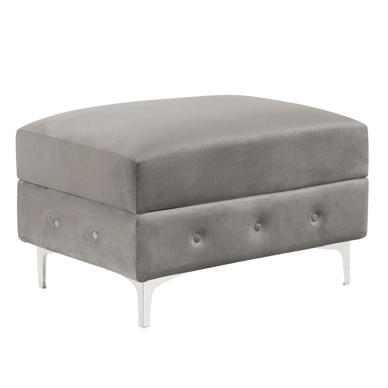 Repose-pieds carré de style transitionnel avec pieds en acier chromé et finition capitonnée à boutons gris