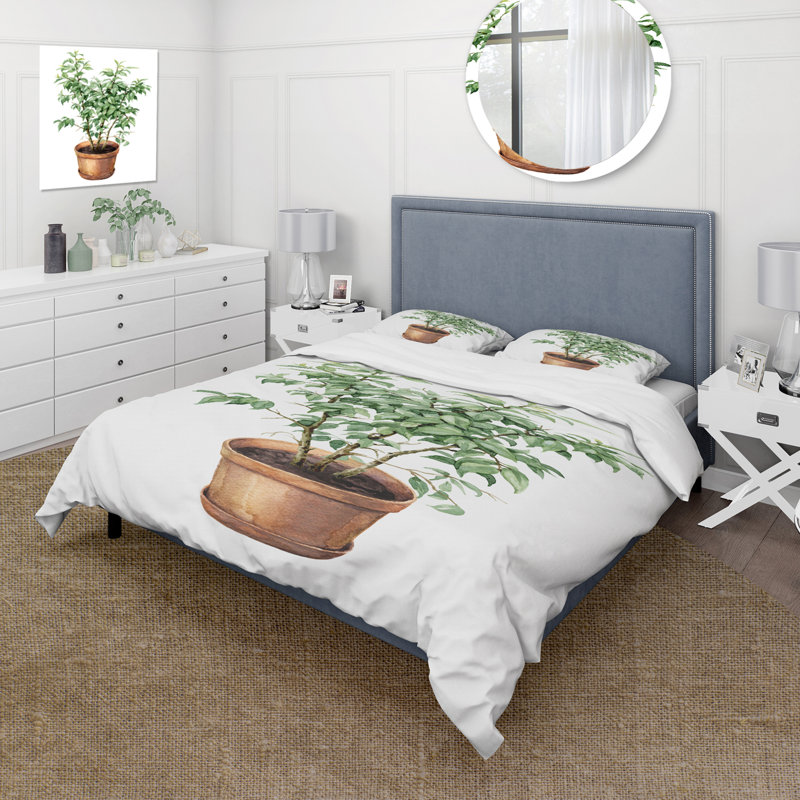 Ficus Benjamin en pot de fleurs en argile - ensemble de housse de couette traditionnel - microfibre de polyester