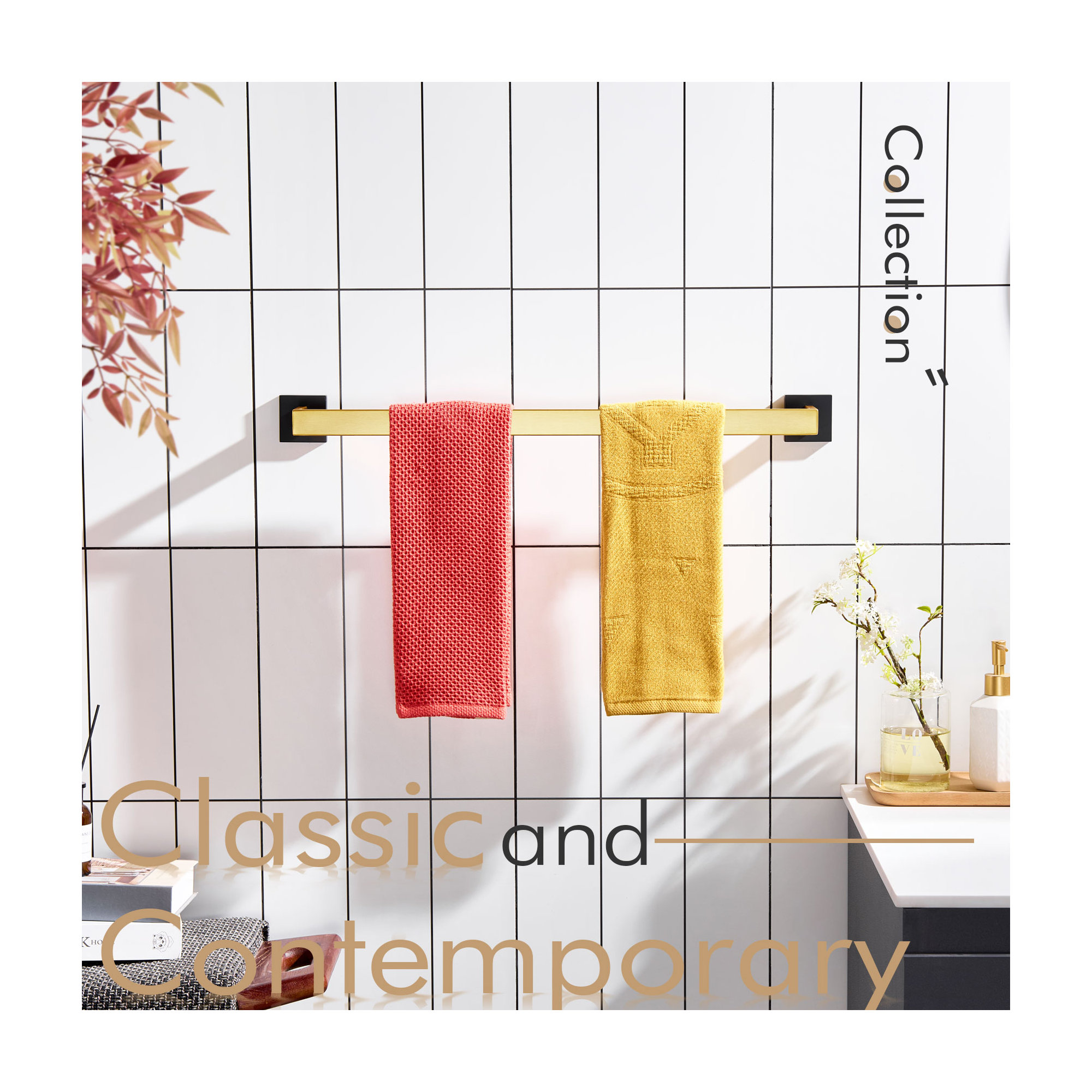 25.5" Wall Mounted Towel Bar, Black/Gold, 2" H x 25.5" W x 3" D