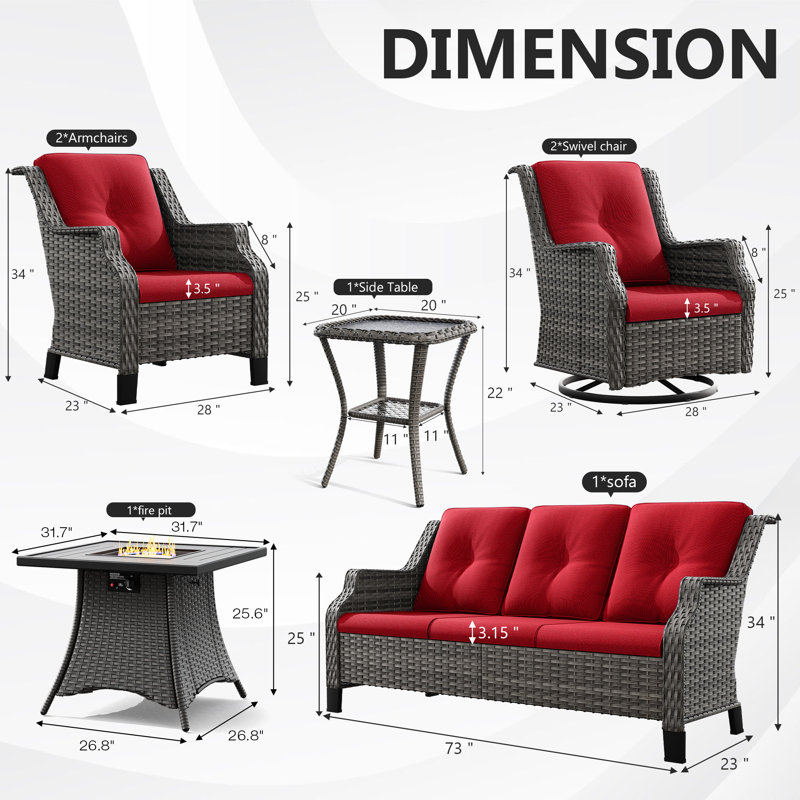 Ensemble de conversation pour 7 personnes avec foyer et coussins, Rouge